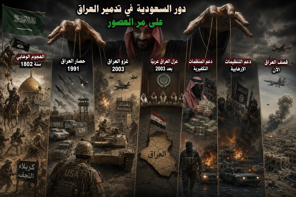 ka7alsaedey's tweet photo. عندما نراجع التاريخ نجد
السعودية قامت بالهجوم على كربلاء سنة 1802 
مساعدة امريكا في حصار العراق سنة 1991 
دعم غزو العراق سنة2003
قامت بعزل العراق عربياً بعد2003
ارسال الانتحاريين والسيارات المفخخة الى العراق 
دعم القاعدة
دعم داعش
والان قصف العراق
الان بدأ دور ردالدين يجب تاديبهم https://t.co/j06yRVH0sh