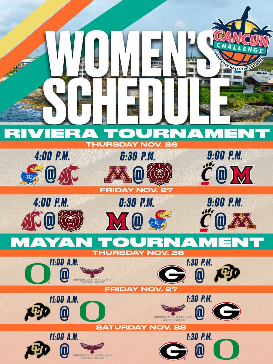 CancunChallenge's tweet photo. The wait for paradise is over ☀️

The schedule all 24 games of the Cancun Challenge is set! 

Book your ticket to Cancun to support your team today: https://t.co/Azmk0Hz2bj

#CancunChallenge #CollegeBasketball https://t.co/JFL2za6Gag