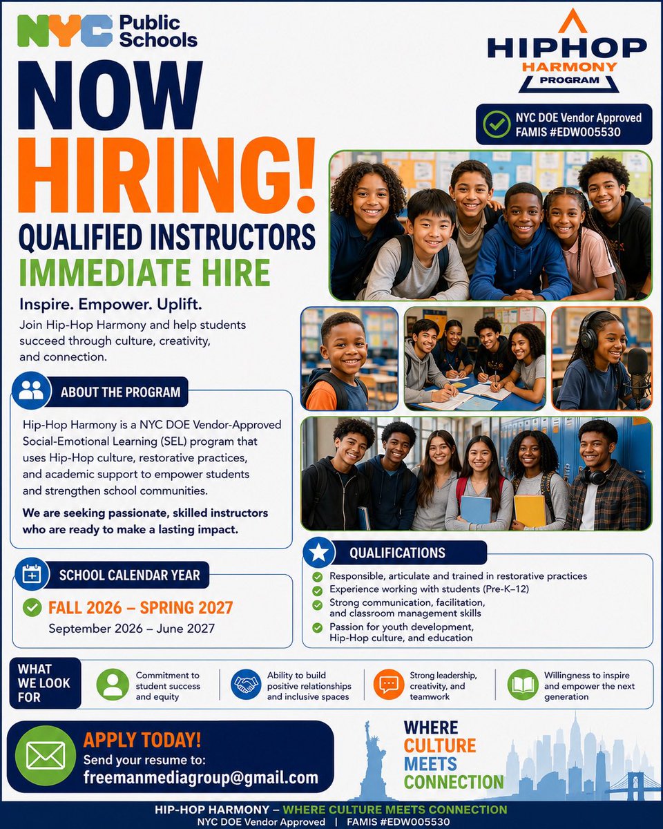 freemanmediagp's tweet photo. Culture is the classroom. Rhythm is the lesson. If you can inspire, lead, and connect — NYC needs you now. Hip-Hop Harmony is hiring qualified instructors immediately. Apply by Friday. freemanmediagroup@gmail.com https://t.co/KUjzpKOt3U