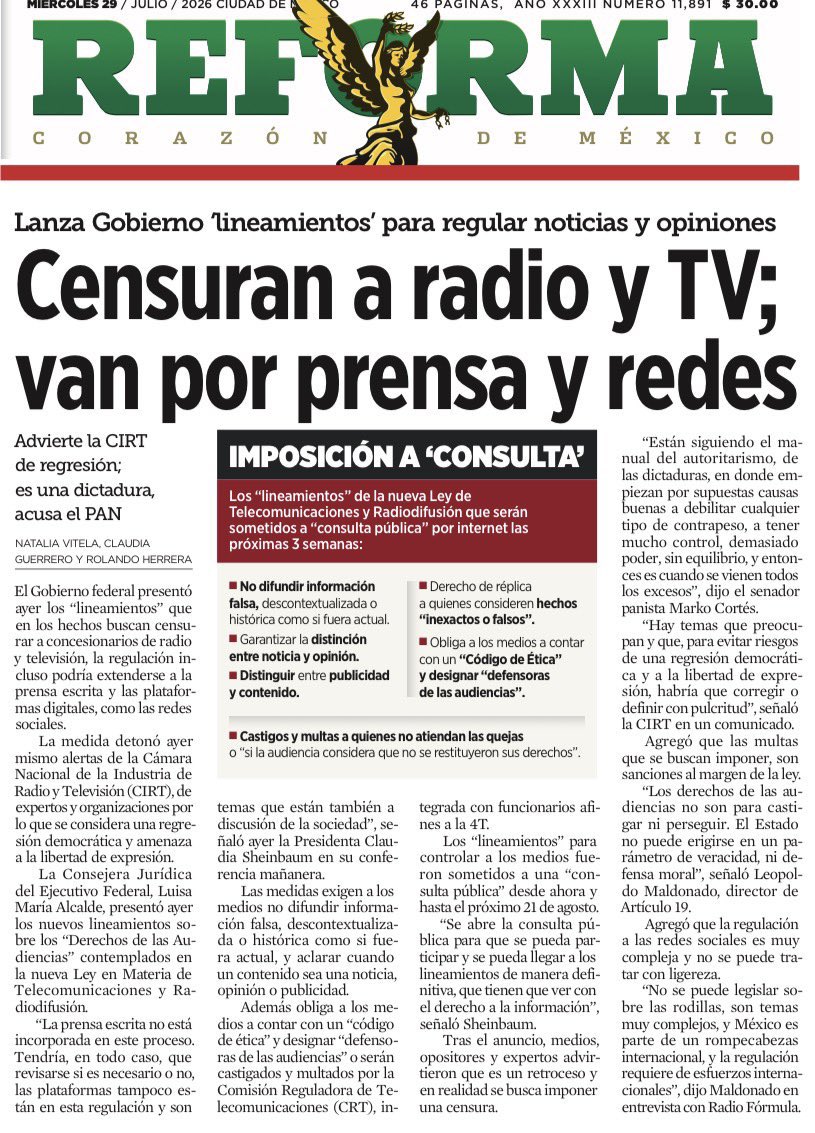 AdrianaDavilaF's tweet photo. Vamos hacia el autoritarismo crudo y duro. 

Hoy van por la radio y la televisión. Mañana irán por la prensa y las redes.

México en pleno retroceso. 

@Reforma https://t.co/q8ZT7wY2tA