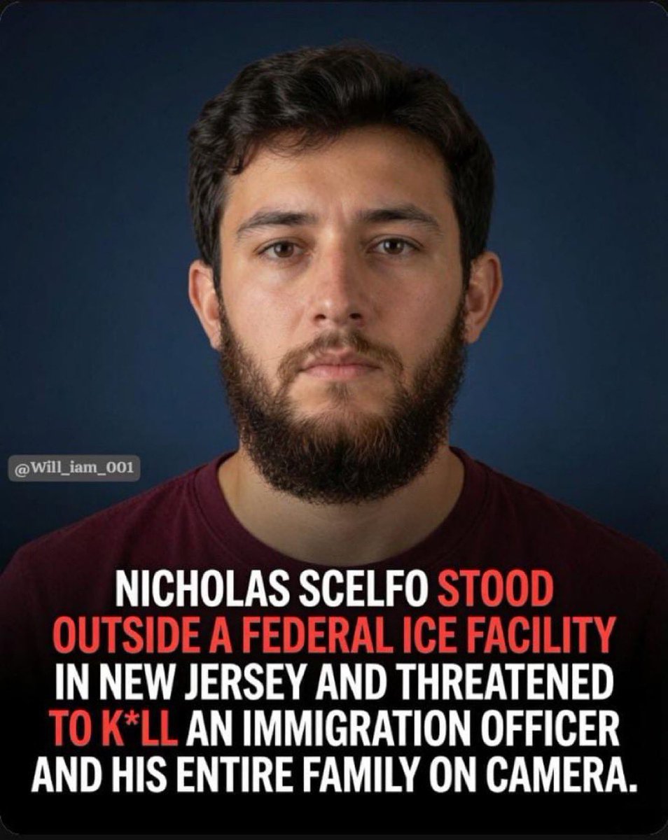 LibertyNut1's tweet photo. 🚨BREAKING NEWS🚨
Nicholas Scelfo stood outside a federal ICE facility in New Jersey and threatened to kill an immigration officer and his entire family on camera.The FBI has just arrested him.
Should he get the maximum sentence?

Yes or No? https://t.co/WK0Cm7cVBf