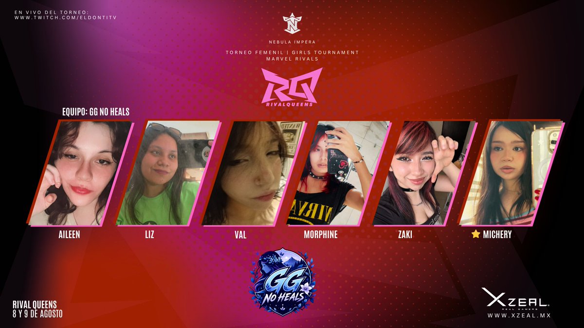 NebulaImpera's tweet photo. Rival Queens patrocinado por @xzealmx

Equipo: GG NO HEALS

Capitana: @vMichery 

Torneos @NebulaImpera

#nebulaimpera #marvelrivals #girls #xzeal https://t.co/UcPoPO6Jw9