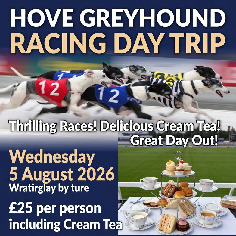 SurbitonClub's tweet photo. Next #daytrip is Wednesday 5th August to #Hove #Greyhound Racetrack (including a #cream #tea).  £25 per member - pay at the bar by Monday 3rd August to secure your seat on the minibus (places are limited and may sell out beforehand). https://t.co/ZjTMoc3kZ1