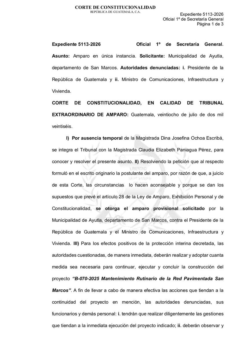 dcuevas_pl's tweet photo. La @CC_Guatemala ordena al presidente @BArevalodeLeon y al ministro de Comunicaciones, bajo advertencias legales, adoptar medidas inmediatas para concluir un proyecto en San Marcos. La orden se emite tras otorgar un amparo a favor de la Municipalidad de Ayutla, San Marcos. https://t.co/n6Yyckfci0