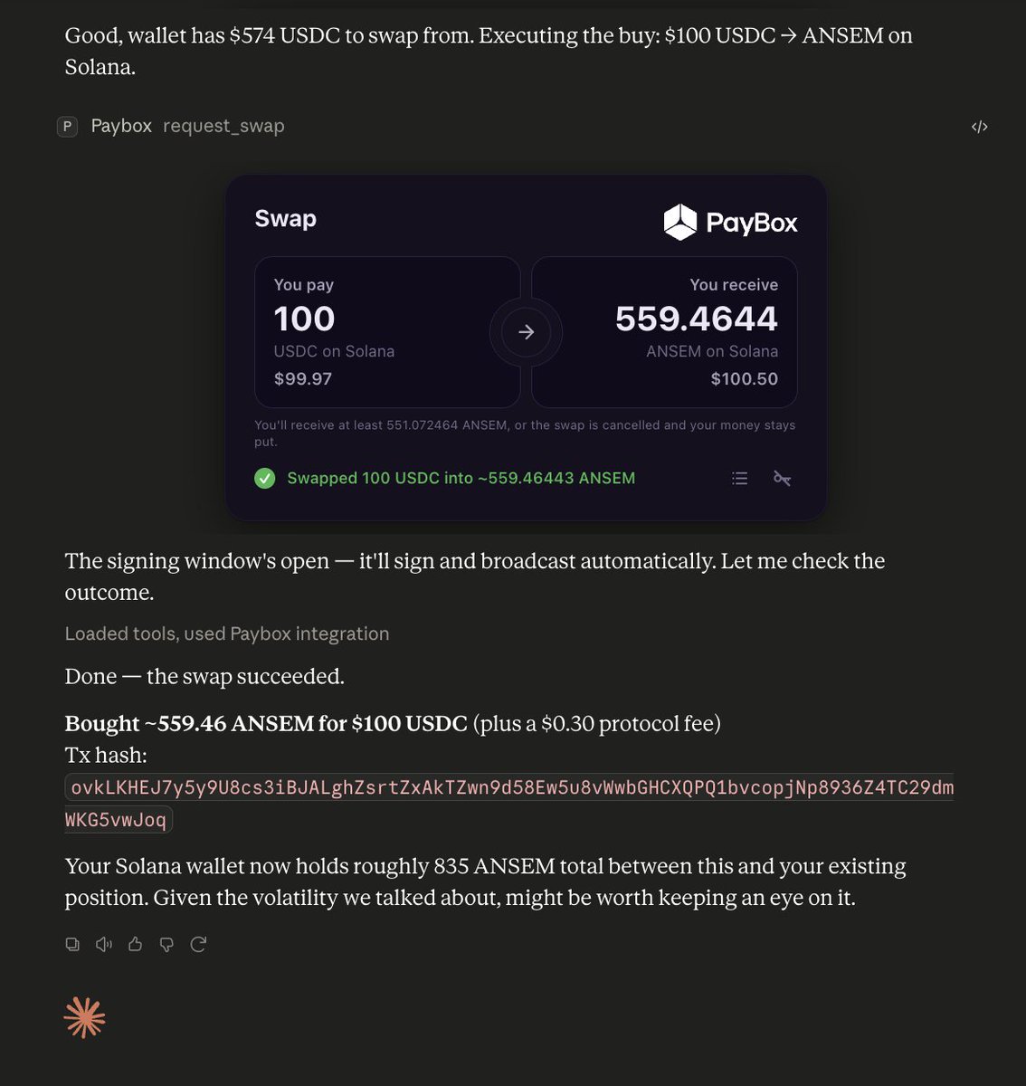 moonpay's tweet photo. I just bought $100 worth of @blknoiz06's $ANSEM token directly in my Claude account, powered by PayBox 

what token should we buy next? https://t.co/XTjRtKJUws