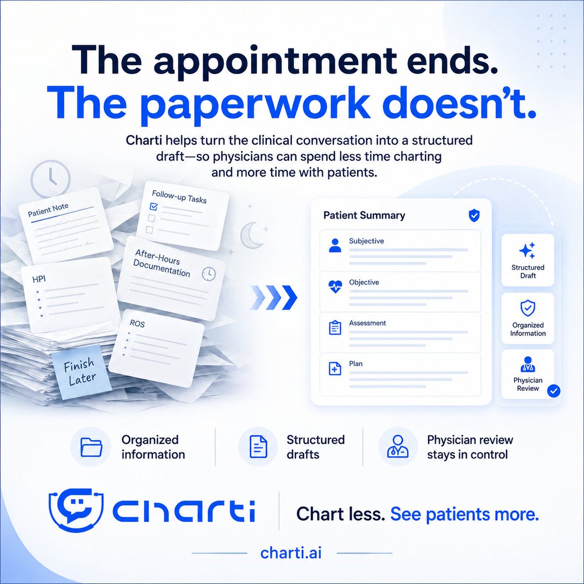 Charti_ai's tweet photo. The appointment ends. The paperwork doesn’t.
For many physicians, documentation continues long after the final patient leaves.
Charti works quietly during the clinical encounter.

#HealthTech #ClinicalDocumentation #HealthcareAI #PhysicianWellbeing #ChartiAI https://t.co/0eSI5YfjsB