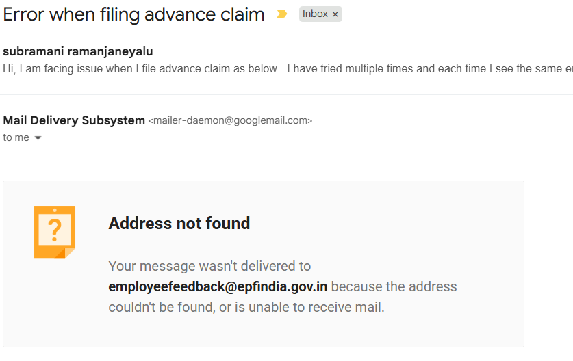 subramanivr's tweet photo. @officialepfo Issue while filing advance claim, email sent says 
@ShobhaBJP
@PMOIndia
@LabourMinistry
@PIB_India
@mygovindia 
Could you kindly check? https://t.co/mwCiC3YxTB