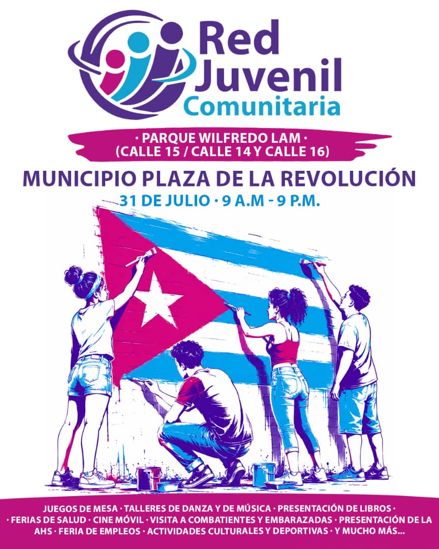 UJCdeCuba's tweet photo. 👀Este 31 de julio, el Parque Wilfredo Lam de Plaza de la Revolución, será el escenario de una jornada que incluirá diversas actividades.

🕑 9 A.M.
📍 Parque Wilfredo Lam, calle 15/ 14 y 16, Plaza de la Revolución

¡Te esperamos para construir juntos el presente de #Cuba!🇨🇺 https://t.co/thu2Tf2Lvq