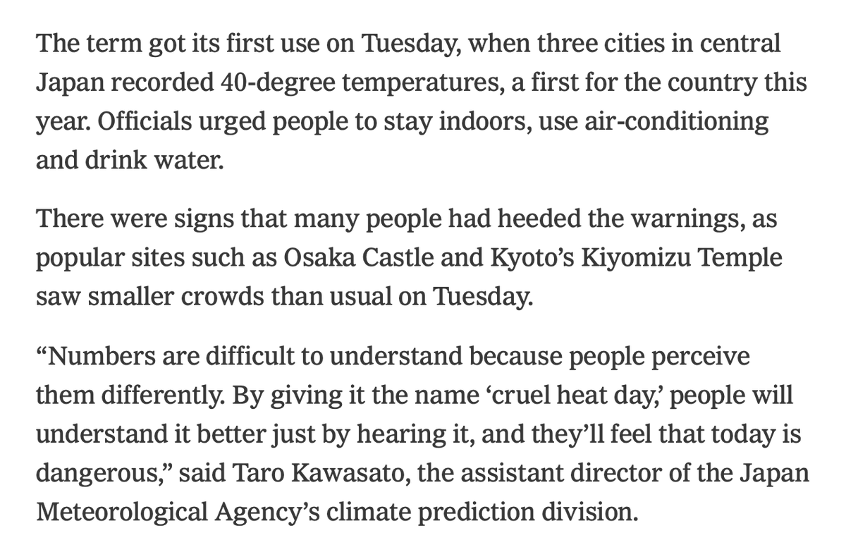 DoctorVive's tweet photo. Japanese officials have coined an entirely new word to signify the dangerous heat of #ClimateChange.

It's "kokushobi," which means "cruel heat day."

This coinage is but a drop of the coming shower of cultural changes that climate change will force upon us. https://t.co/Quq4vLGrm8