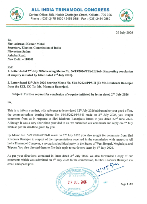 PTI_News's tweet photo. Former West Bengal CM Mamata Banerjee writes to the Election Commission seeking early conclusion of its inquiry into rival claims over the AITC, opposes any further extension for the Ritabrata Banerjee faction https://t.co/xRkyvxId8z