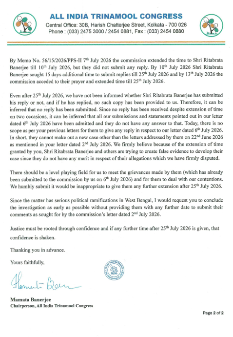 PTI_News's tweet photo. Former West Bengal CM Mamata Banerjee writes to the Election Commission seeking early conclusion of its inquiry into rival claims over the AITC, opposes any further extension for the Ritabrata Banerjee faction https://t.co/xRkyvxId8z