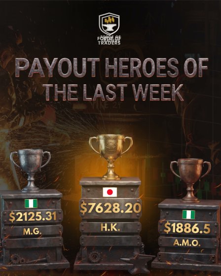 ForgeOfTraders's tweet photo. Unstoppable Momentum. The Elite Podium. 🔨🏆

When sharp focus meets institutional execution conditions, extraordinary numbers follow. Huge congratulations to our top performers who conquered the markets last week and earned their places on the weekly podium!

A massive shoutout to H.K. from Japan for taking the top crown with a staggering $7,628.20 payout! Exceptional trading.

Here are the payout heroes of the last week:
🥇 H.K. (Japan 🇯🇵) — $7,628.20
🥈 M.G. (Nigeria 🇳🇬) — $2,125.31
🥉 A.M.O. (Nigeria 🇳🇬) — $1,886.50

Every withdrawal is a masterclass in discipline, risk management, and trading with an edge.

Are you ready to step up, unlock your funded account, and secure your place among our elite payout heroes?