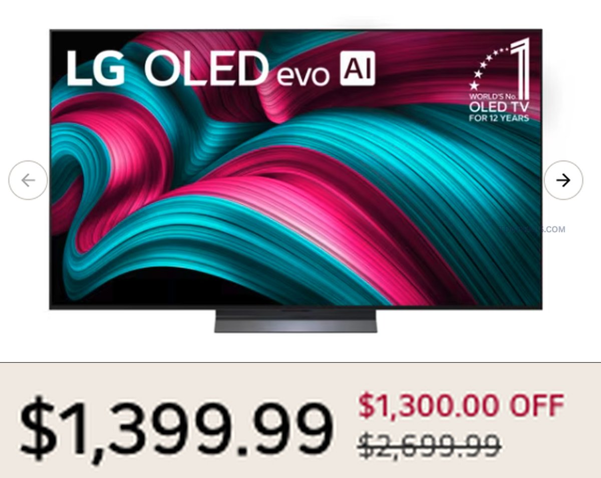 thedealsguy_'s tweet photo. $1,300 OFF 65" LG OLED EVO C5 4K SMART TV NOW $1,399.99

This 2025 OLED TV dropped by 48% ($1,300 off) at LG 🔥

https://t.co/opNUtVeMCn

Check out the LG Black Friday in July sale if you need an upgrade

#ad https://t.co/TSLBzR7pdB