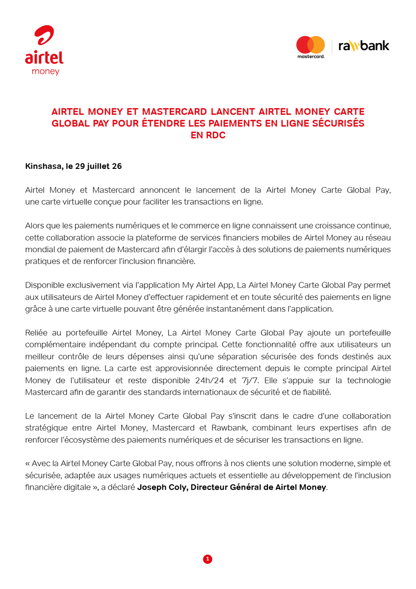 airtelrdc's tweet photo. C'est officiel ! 🚀
Airtel Money RDC, Mastercard et Rawbank lancent la Airtel Money Carte Global Pay, une carte virtuelle disponible sur #MyAirtelApp pour des paiements en ligne simples, rapides et sécurisés.
#AirtelRDC #AirtelMoney #GlobalPay #Mastercard #Rawbank https://t.co/EHJbMCnBJh