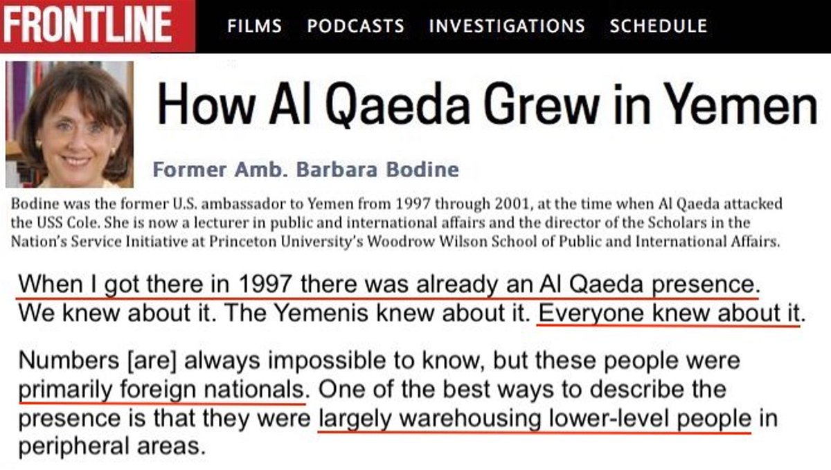 MancunianQuiet's tweet photo. The #CIA were so determined to beat socialism in Yemen they allied with #alQaeda in the 1994 civil war / #BillyWaugh
Ambassador #BarbaraBodine said EVERYONE knew AQ were in 1997 Yemen but still arranged US navy visits to Aden
The #USSCole paid in blood: https://t.co/khWoGmQpib https://t.co/LhgNlBzcYF