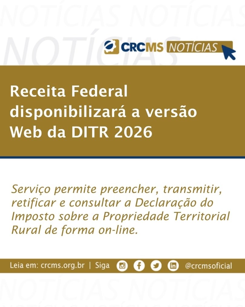 crcmsoficial's tweet photo. A Receita disponibilizará a partir de 10 de agosto de 2026 a versão web do serviço Minhas Declarações do ITR, que permite o preenchimento e a entrega da DITR do exercício 2026 sem a necessidade de instalar programas no computador. 
Confira mais em: https://t.co/6bFayhMCRD https://t.co/AMwyPZcZf8