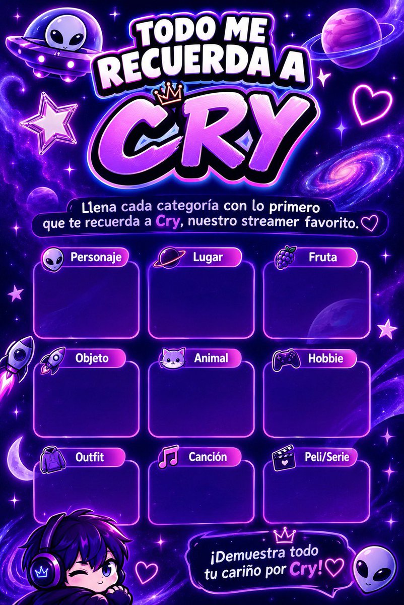 XCryHonduras's tweet photo. ¿Cómo ves a Cry? 🖤
Llena cada categoría con lo primero que te recuerde a @xCryboy . Queremos ver las diferentes formas en las que cada Cryboyer lo describe. No olvides usar #TodoMeRecuerdaAlCry https://t.co/MuqtOYm4DK