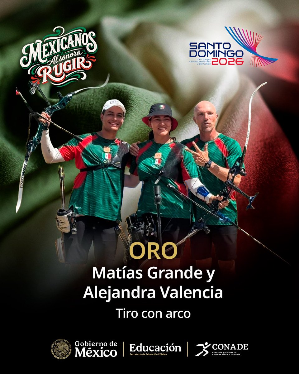 conadeoficial's tweet photo. ¡BICAMPE0NES CENTROAMERICANOS! 🇲🇽🥇

Matías Grande_ y Ale Valencia refrendan su título de San Salvador 2023, tras vencer 6-0 a los colombianos Ana Rendón/Santiago Arcila en la final por equipos mixtos de recurvo en #SantoDomingo2026.

¡Felicidades! 🙌👏

#MexicanosAlSonoroRugir https://t.co/b0uiF2aIM2