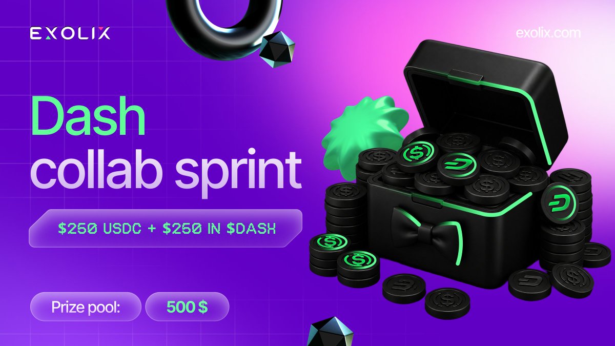 exolix_com's tweet photo. 🚀 Our Dash Collab Sprint on Zealy is now live!

Together with @Dashpay, we're bringing the community a new set of easy quests and a 250 $USDC + $250 in $DASH prize pool.

Complete tasks, climb the leaderboard, and earn your share of the rewards while exploring the Dash ecosystem.

Join the sprint: https://t.co/0TqAFMMWbp