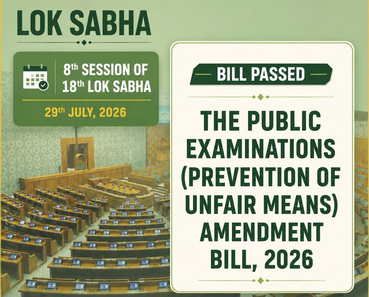 AshwiniVaishnaw's tweet photo. Congratulations to every student and young aspirant!

The Public Examinations (Prevention of Unfair Means) Amendment Bill, 2026, has been passed by the Lok Sabha, bringing stringent measures against exam malpractices, including stricter punishments, fast-track courts and stronger investigative mechanisms to uphold fairness and transparency.