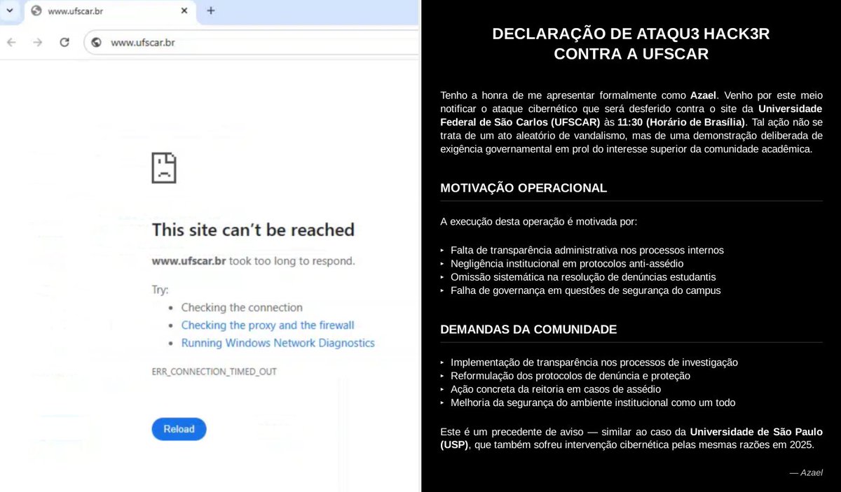 ZenithAzael's tweet photo. 🚨 UFSCAR - UNIVERSIDADE FEDERAL DE SÃO CARLOS
AT4QU3 H4CK3R - SITE DERRUB4DO

Retaliação contra a má gestão, a falta de transparência administrativa e a negligência da universidade em casos de assédio e denúncias. https://t.co/T3UCN0unEG