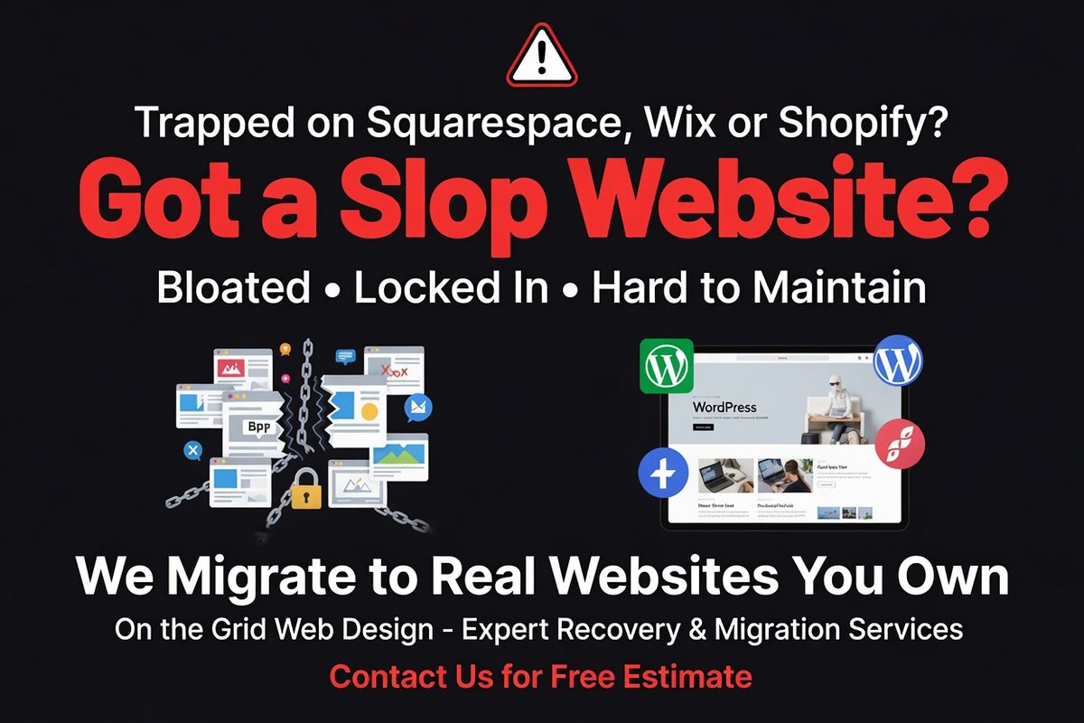 onthegridweb's tweet photo. Trapped on Squarespace, Wix or Shopify? We can recover your #website and in some cases even do a website  #migration off those hosts and into a properly built website. We build  our websites to work with standard web servers.
https://t.co/FXKNv2or1h https://t.co/2Nd7GksT6u