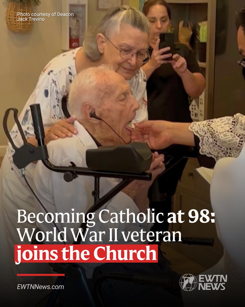 EWTNews's tweet photo. A World War II Army veteran, Raymond “Ray” Martin Sr., has joined the Catholic Church at 98 years old.

Before finding his way to the Church in Tucson, Arizona, Martin served in Okinawa, Japan, and in the Philippines; he then spent 27 years as a police officer in Illinois.

Martin’s connection to Catholicism began with his late wife, Ann Marie.

When Deacon Jacinto “Jack” Trevino, a hospice chaplain and parochial associate at St. Elizabeth Ann Seton in the Diocese of Tucson, met with Martin in December 2025, the two bonded over a shared background in law enforcement and spoke about his wife and her faith.

“Ray is an amazing person,” Trevino told EWTN News. “We hit it off from the beginning. We talked about the job a lot — and shared some laughs.”

It wasn’t all laughs, though. As they got to know each other, their conversations grew serious.

“Ray talked about his wife, who passed,” Trevino recalled. “He said she was Catholic and he would attend Mass with her and pray the rosary.”

“One day he mentioned that he was never baptized or had any of the sacraments and he wanted to be Catholic,” Trevino continued. “We began deeper discussions of the faith.”

Martin, it turned out, had a deep faith in Christ and in the Eucharist.

“He expressed true belief in Christ and the teaching of the Catholic Church,” Trevino said. “He expressed his belief in the Eucharist and the importance of baptism and confirmation. Ray said that even though he was not Catholic, he would always pray the act of contrition.”

Trevino, along with Father Edson Elizarraras, pastor of St. Christopher in Marana, Arizona, had a sense of urgency in bringing those sacraments to Martin.

Martin has survived a stroke, multiple falls, and other health concerns in recent years, even bordering on the brink of death in May after he suffered another stroke.

“Remarkably, Ray pulled through,” Elizarraras told EWTN News. “It was after this stroke that he clearly expressed his desire to become Catholic and receive the sacraments of initiation.”

Trevino and Elizarraras approached the bishop about advancing Martin’s sacraments. Usually, would-be converts to Catholicism go through a one- to two-year Order of Christian Initiation of Adults before receiving the sacraments.

“Though he married a Catholic woman and faithfully attended holy Mass with her prior to her passing, Deacon Trevino noted that Ray always felt unworthy to receive the sacraments, despite believing in God,” Elizarraras said.

“Ray came to tears expressing his desire for the Catholic faith, sharing that throughout his life, he would pray the Act of Contrition and the rosary,” Elizarraras said. “The more Deacon Trevino visited him, the more questions Ray asked, showing he was fully convinced and willingly prepared to receive sacramental grace.”

So the date was set for July 16; the location, the assisted living home where Martin resided. The facility manager had put up banners with crosses to prepare the living room for the celebration, according to Trevino.

On the day of the celebration, Elizarraras gave Martin the short-order form of OCIA, which is written for those in near danger of death.

“The moment I approached to greet him, he began to cry and smile; he knew this was one of the most important days of his life,” Elizarraras said.

Read more: https://t.co/p2UPjZB2RR