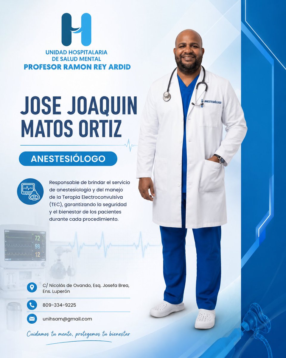unihsam's tweet photo. 👨🏾‍⚕️ Hoy presentamos al Dr. José JOAQUÍN Matos ORTÍZ, ANESTESIÓLOGO de la Unidad Hospitalaria de Salud Mental Profesor Ramón Rey Ardid.💙

💚 Su compromiso y experiencia son fundamentales para garantizar la seguridad de nuestros pacientes durante los procedimientos de Terapia (TEC https://t.co/Nd1W7n0N5k