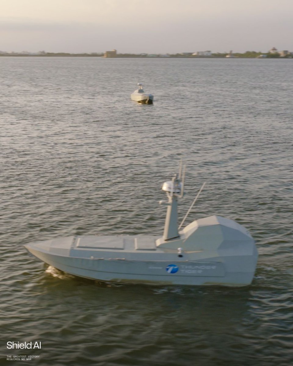 shieldaitech's tweet photo. Shield AI + Thunder Tiger: Hivemind completes first multi-asset maritime autonomous teaming demonstration in Taiwan
 
Aboard Thunder Tiger SeaShark 600 and SeaShark 800 USVs, Hivemind autonomously planned mission waypoints, searched a designated maritime area, identified a target vessel, and coordinated the USVs to escort it out of the search zone.
  
Together, we'll explore future sensor integrations, larger team operations, and open‑ocean use cases.
 
Full release below.
 
Autonomy for the world. The greatest victory requires no war.