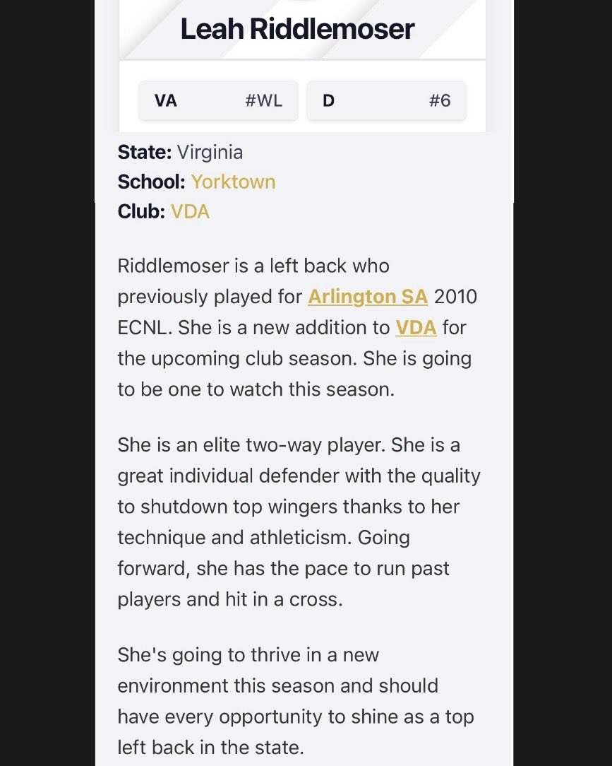 leahriddlemoser's tweet photo. Thank you so much @PrepSoccer for listing me as a defender to watch after ECNL Playoffs! Looking forward to this upcoming season! @vdasoccer @bobbypup @VDA2011ECNL @ECNLgirls https://t.co/aM1dbh14l3