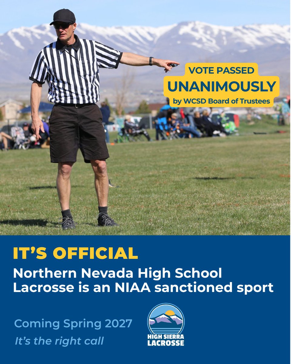 HighSierraLax's tweet photo. The  @WCSDTrustees voted unanimously to support the sanctioning of boys' and girls' lacrosse beginning with the 2027 season.
Two decades of club play and perseverance got us here. THANK YOU Trustees, District, @NIAA,  ADs and every single one of YOU who never treated it as a long shot. 
More at https://t.co/rv0r8H4FU2