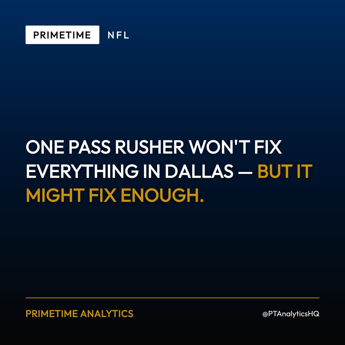PTAnalyticsHQ's tweet photo. One pass rusher won't fix everything in Dallas — but it might fix enough.

ESPN's floating the idea: what if the Cowboys landed Maxx Crosby? No trade, no talks confirmed — just a hypothetical getting airtime on whether Crosby's the missing piece for a real Super Bowl push.

If Dallas' pass rush is the difference between pretender and contender, does one name change that equation, or is this roster deeper in trouble than a Crosby fixes?