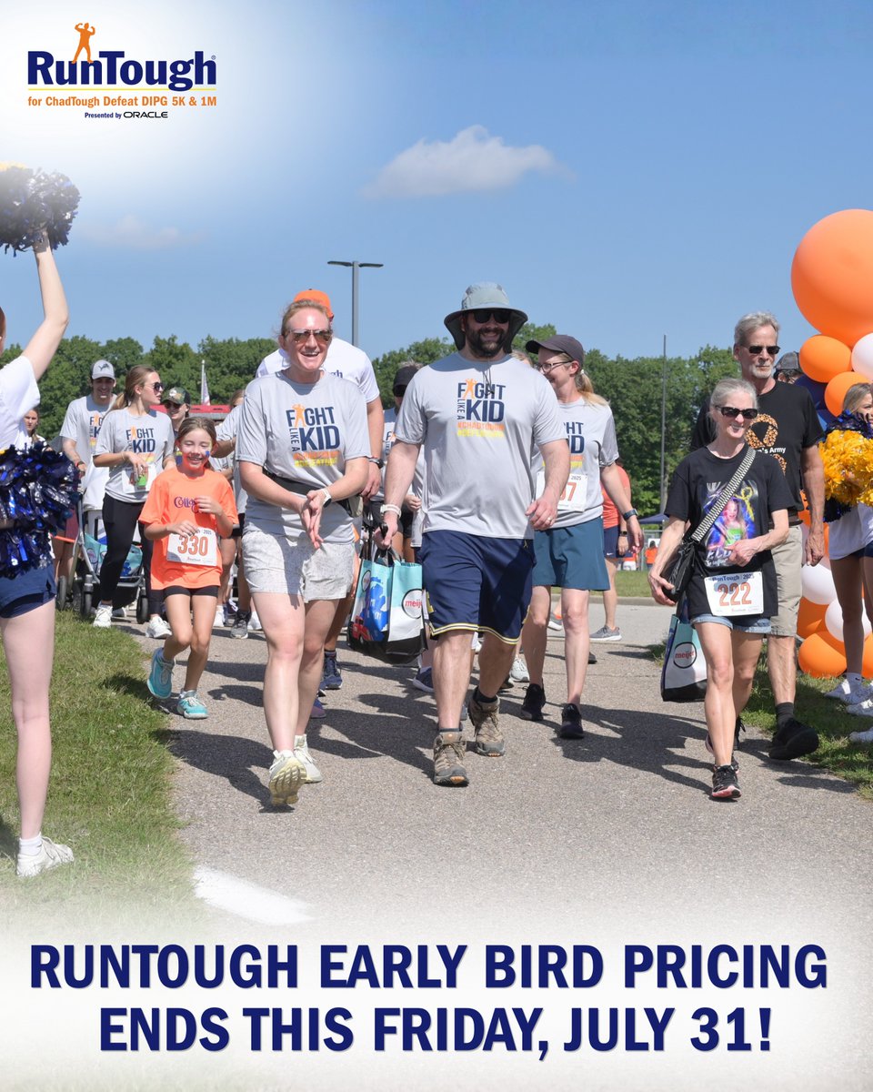 chadtough's tweet photo. We're down to the final hours to register for RunTough for ChadTough Defeat DIPG with early bird pricing! Register by this Friday, July 31, to lock in the lowest rate of the year. Sign up at https://t.co/jY5S0F5Zxp!
#RunTough #ChadTough #DefeatDIPG https://t.co/VqWMnyVJYt