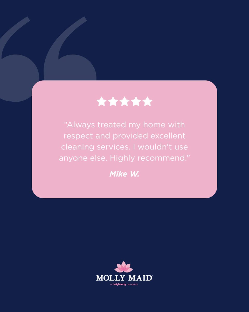 MollyMaid's tweet photo. There’s nothing more rewarding than earning a customer’s trust. 🩷
When homeowners choose Molly Maid, they're inviting us into their most important space, and we never take that responsibility lightly.
Thank you, Mike, for your kind words and continued confidence in our... https://t.co/k50aPIe0Uo