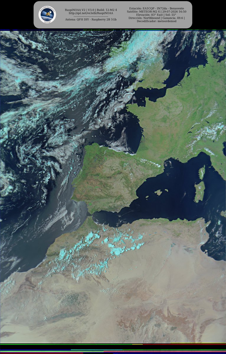 monforra's tweet photo. Ground Station: EA1CQP - IN72da - Benavente METEOR-M2 4 29-07-2026 16:27 CEST Max Elev: 83° E Sun Elevation: 55° Gain: 49.6 | Northbound
#NOAA #MeteorM2_3 #MeteorM2_4 #weather #weathersats #APT #LRPT #wxtoimg #MeteorDemod #rtlsdr #gpredict #raspberrypi https://t.co/jRwQuNBVsf