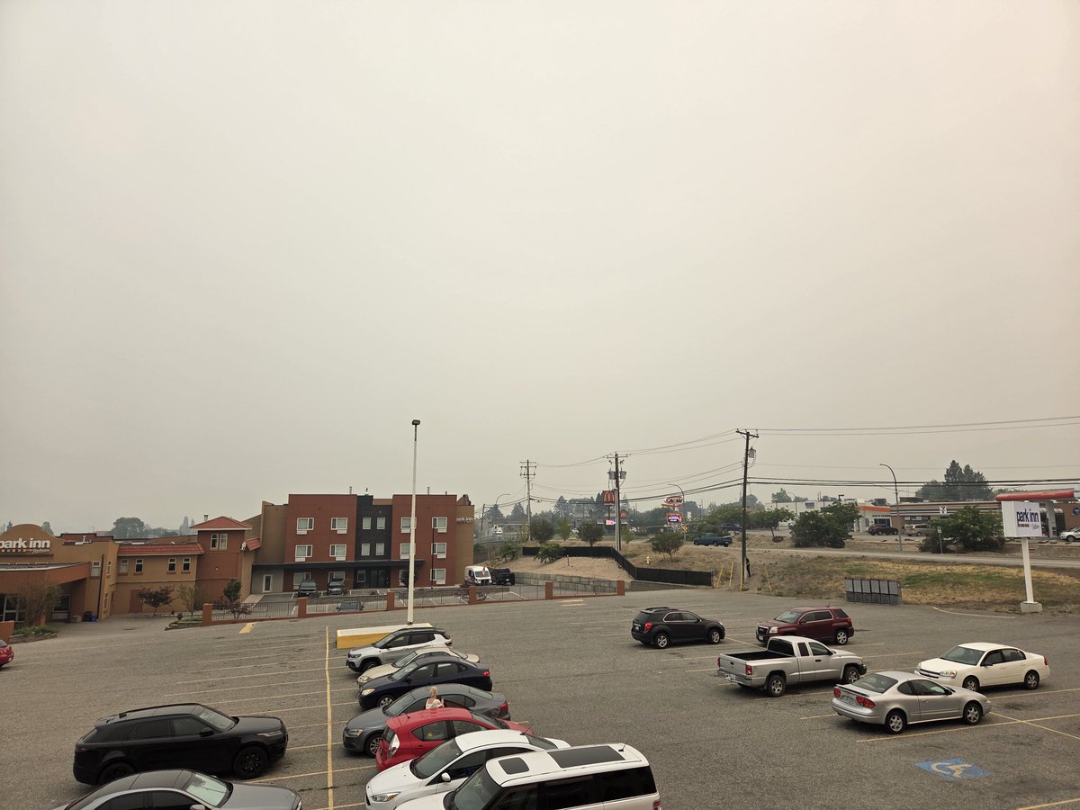 D_ByersArtist's tweet photo. Osoyoos BC, August 5/26. Many cars in town look like this after travelling through fire areas. In town, you can't see anything because the smoke is so thick it obliterated the mountains. https://t.co/Hna2cFKGSX