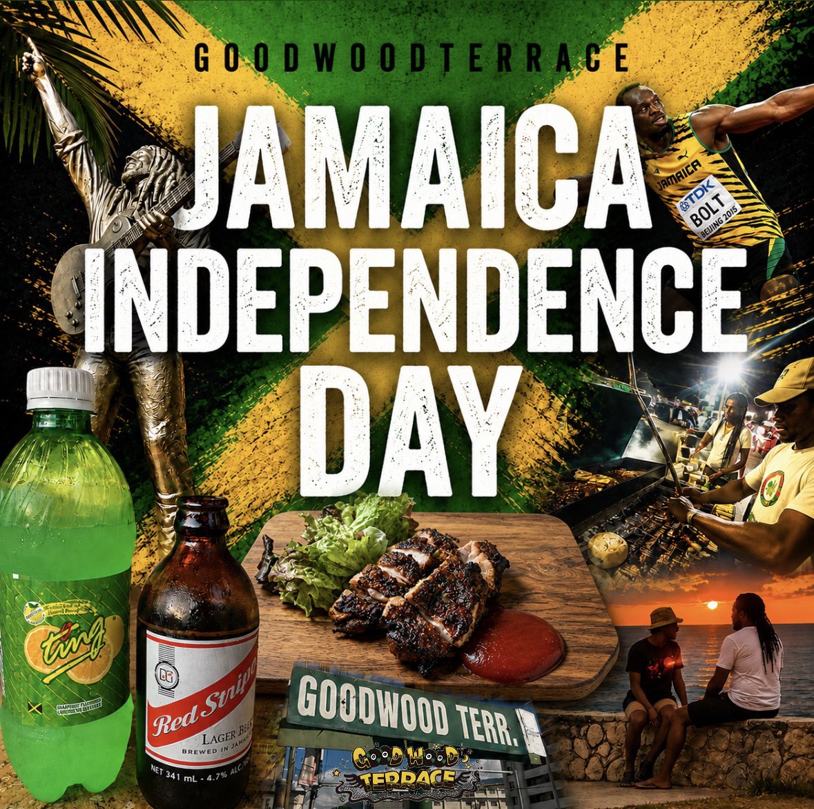GOODWOODTERRACE's tweet photo. JAMAICA INDEPENDENCE DAY 🎉🇯🇲

8月6日はジャマイカ独立記念日‼️✨

GOOD WOOD TERRACEでは、
本場ジャマイカの雰囲気と味を楽しめる特別な一日🌴🔥

炭火香るジャークチキン🍗やRed Stripe Beer🍺
ジャマイカのカルチャーを感じながら、
最高の時間を過ごしませんか⁉️🇯🇲 https://t.co/WI2bd3fvBB