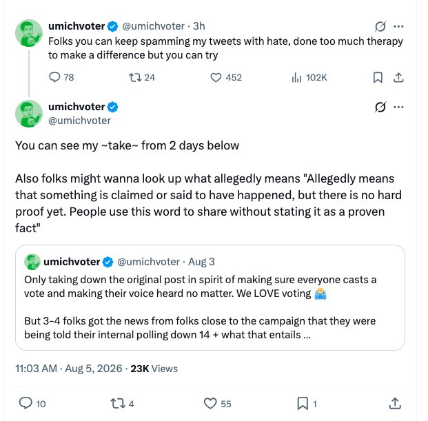 TheOmniLiberal's tweet photo. Others have acknowledged the potential impact this could have had on the race, with Lamba (@umichvoter) eventually deleting the tweet himself and saying as much. @Mike_from_PA (known for abusing couches and cheeseburgers) retweeted another post, thanking Lamba for discouraging any Stevens voters on primary day.