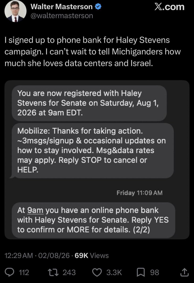 TheOmniLiberal's tweet photo. This isn't even the only "sabotage" story around this particular primary from other socialists online. @abierkhatib brought this canvassing story to X, where the depicted individuals claimed to impersonate Stevens canvassers.

@waltermasterson claims to have registered to be a phone banker for Stevens, so he could tell voters "how much she loves data centers and Israel." He later claims he was only joking, though there's no way to verify if that's true or not.