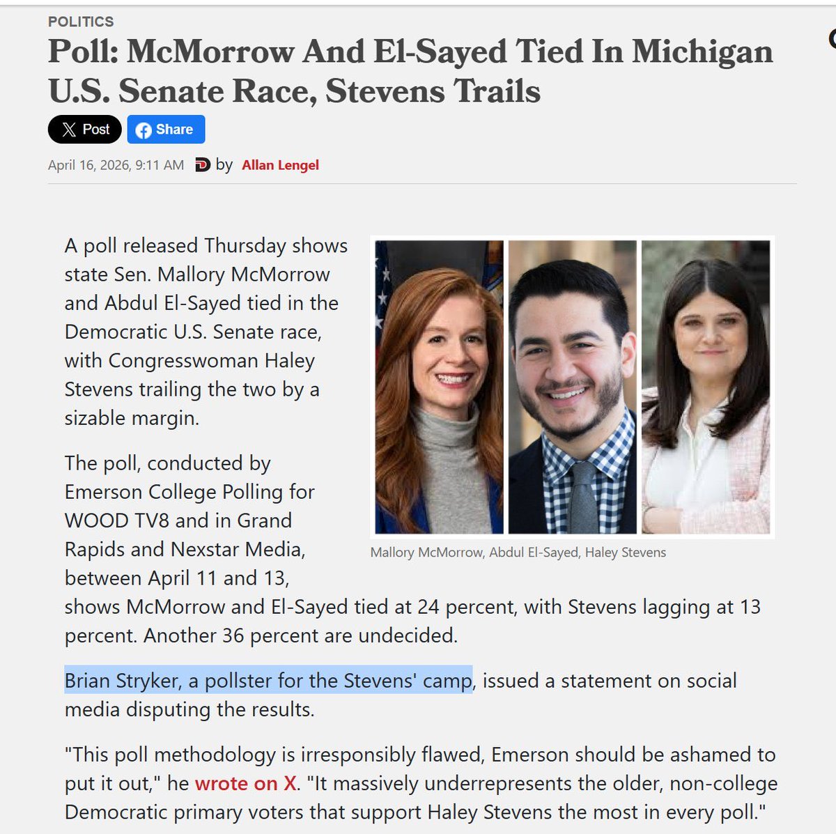 TheOmniLiberal's tweet photo. The actual pollster for Haley Stevens, @BrianStryker, came out and confirmed pretty soon after the original tweet that the story was complete nonsense. https://t.co/kcUBdab4Sm