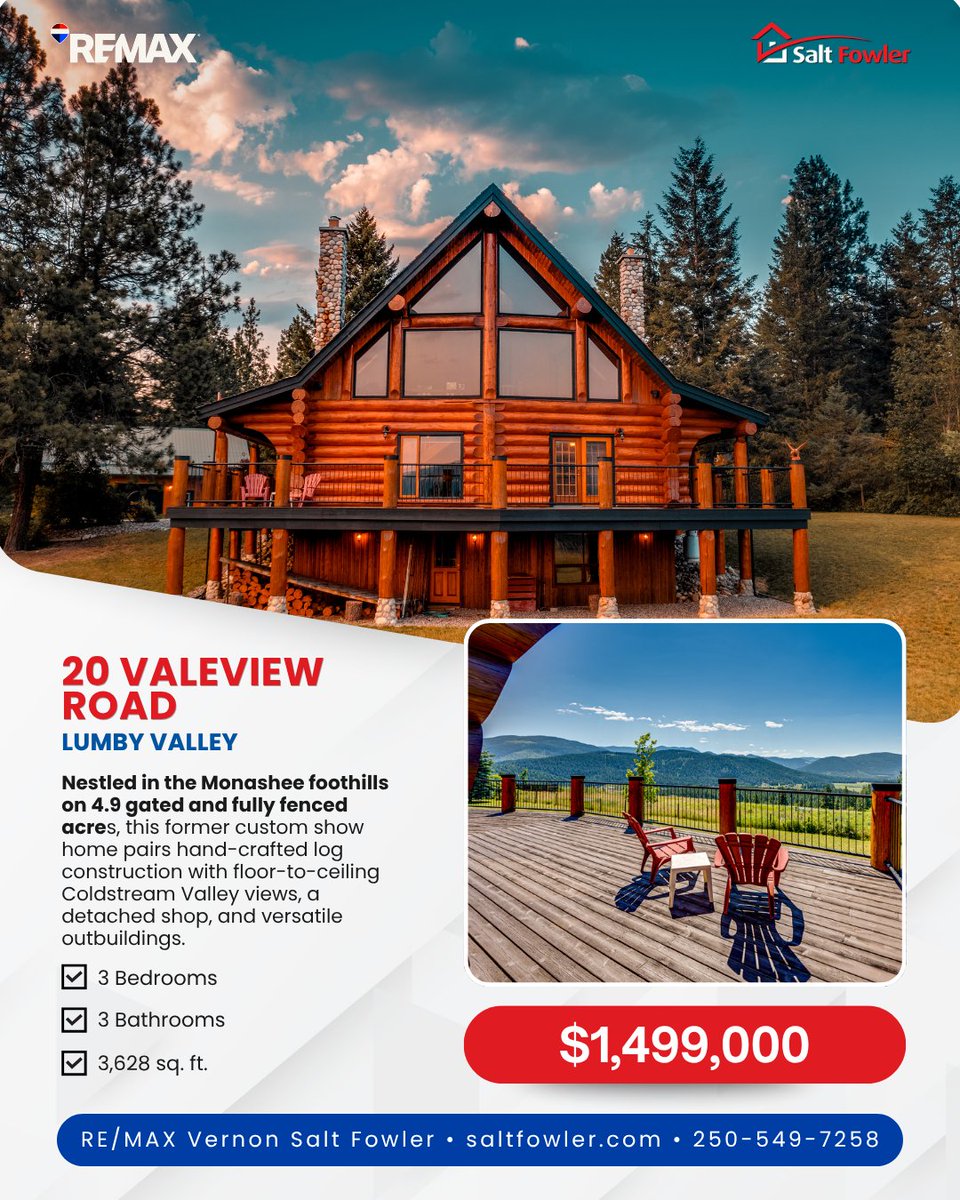 SaltFowlerBC's tweet photo. ✨ Hand-crafted log home in the Monashee foothills.

🏡 Nestled on 4.9 gated acres, this former show home features an open-concept main floor with wrap-around deck, wood-burning cook stove, river rock fireplace, and primary suite with clawfoot tub. 

#JustAddSalt #SaltFowler https://t.co/QEjXdF2C1b
