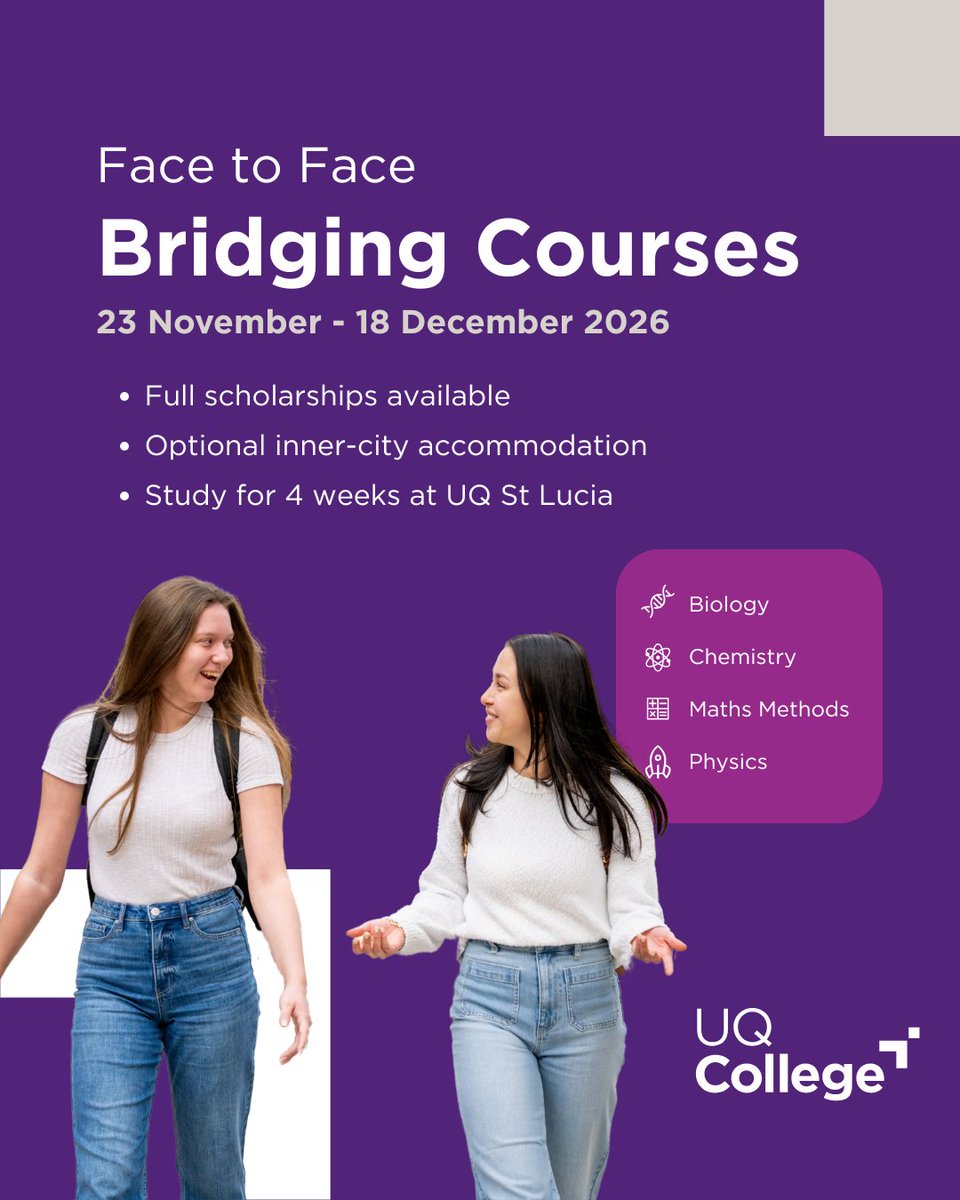 UQCollege's tweet photo. Applications are open for UQ College’s intensive 4-week Face to Face Bridging courses in Biology, Chemistry, Mathematical Methods and Physics.  

For more information and to apply, visit https://t.co/aK3PfSL7qh https://t.co/3NjUrFuFCO