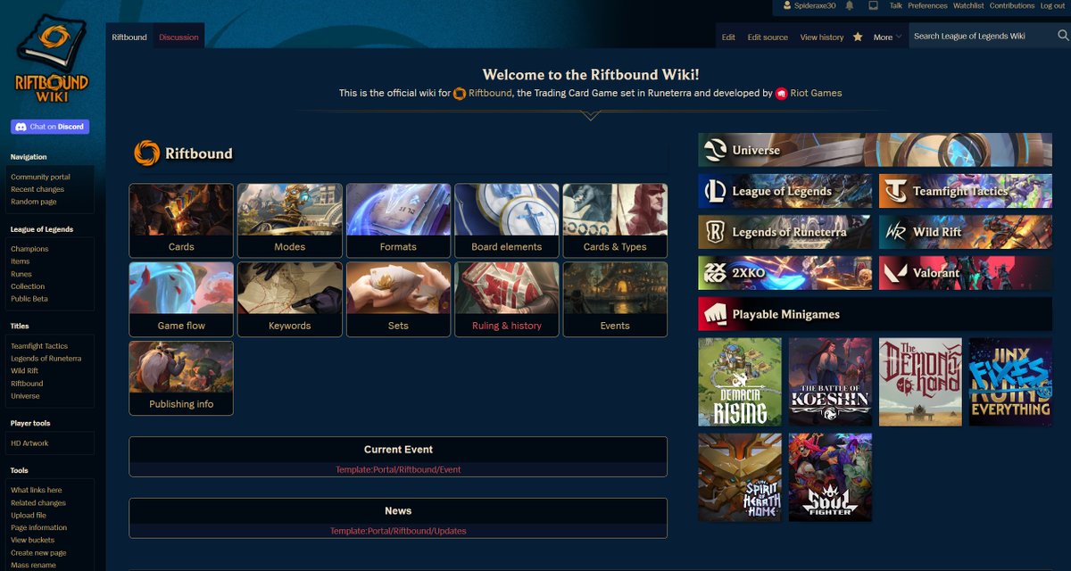 Spideraxe30's tweet photo. Now seems as good as time as any to announce the Official Riftbound wiki! The team has been working hard this past month or so catching and building out the League wiki's Riftbound portal. Some pages are still WIP and not built out yet, but we have every card since Origins added!

Huge thanks to @TrickJarrett for all the support for this endeavor.