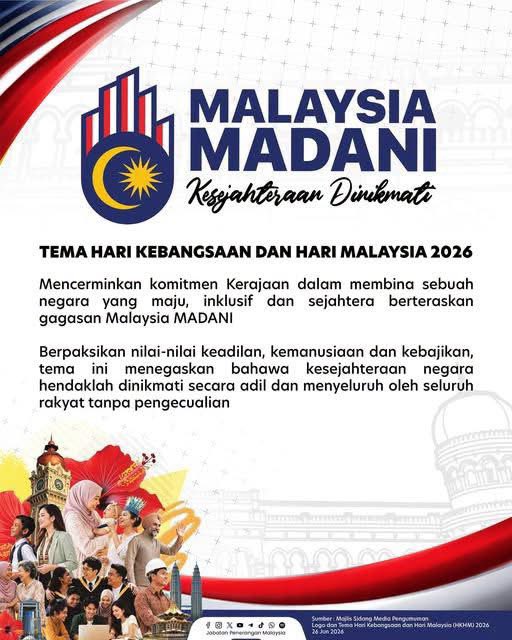 JPenerangan's tweet photo. “Malaysia MADANI: Kesejahteraan Dinikmati” dipilih sebagai tema sambutan Hari Kebangsaan dan Hari Malaysia (HKHM) 2026, mencerminkan aspirasi membina negara yang maju, inklusif dan harmoni demi kesejahteraan seluruh rakyat. 🇲🇾✨ https://t.co/NVZsb8iUDJ