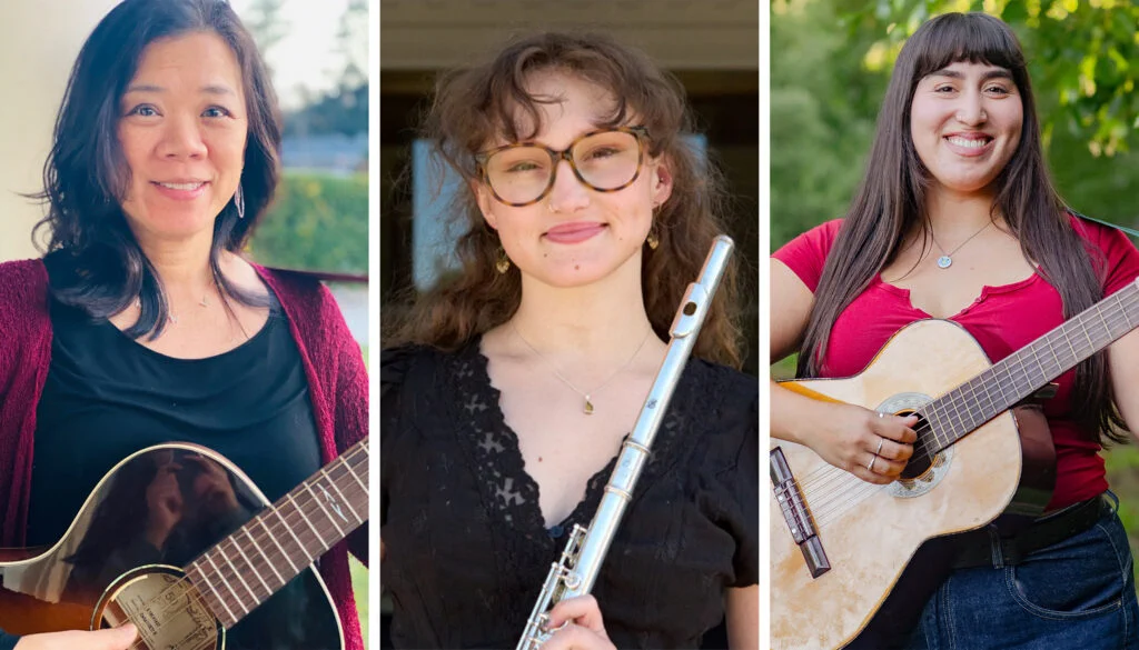 A collage of three UC Berkeley community members holding instruments. From left to right: UC Berkeley lecturer Melanie Acosta holds a guitar; Alum Kylie Cloutier with a flute; and Alum Victoria Otvos holds a guitar.