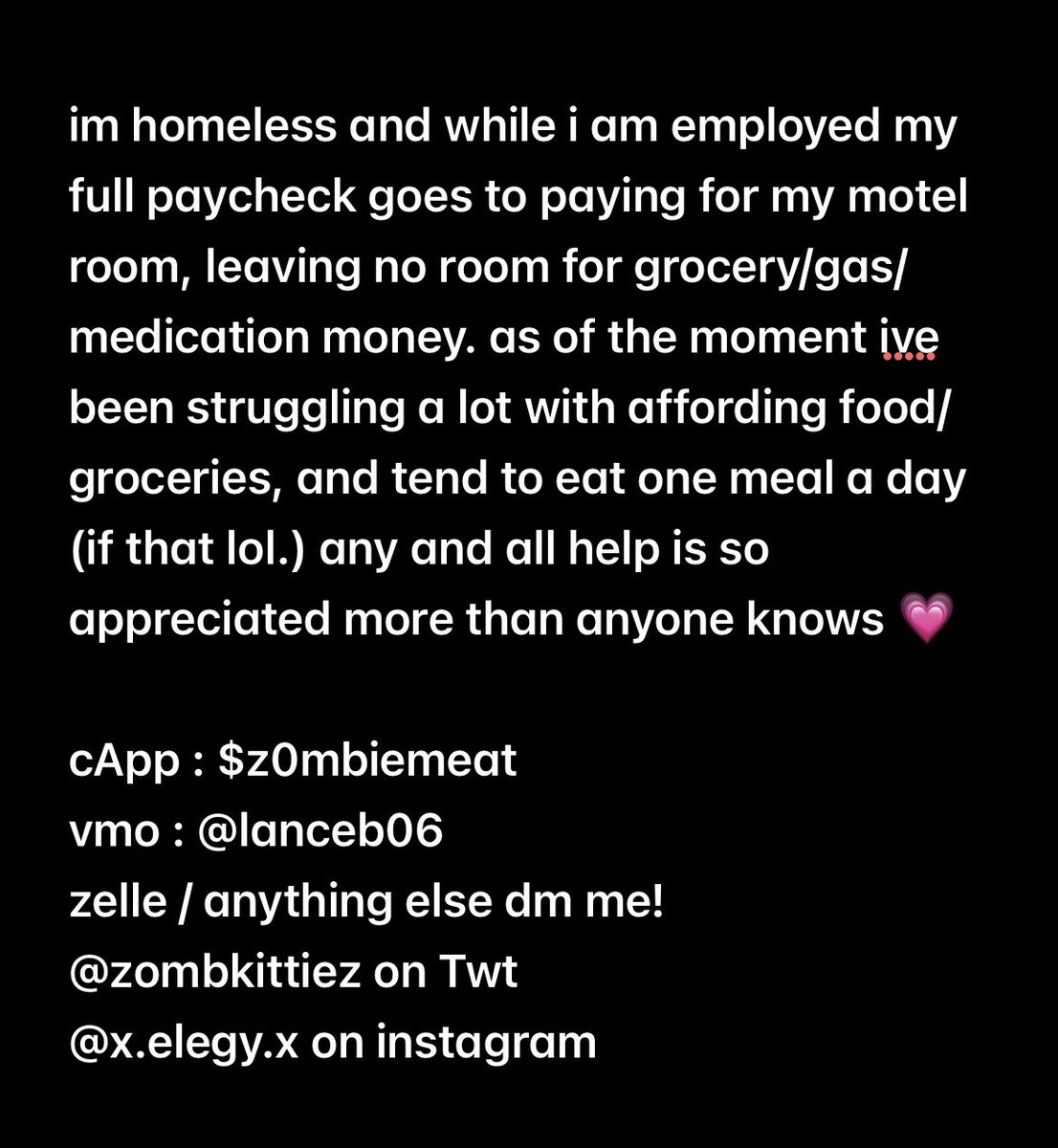 zombkittiez's tweet photo. hi me and my gf are homeless and struggling 2 eat rn and it's been really frustrating. if u cant donate pls repost, thank u for the help 💗 https://t.co/yiXiV93cSg
