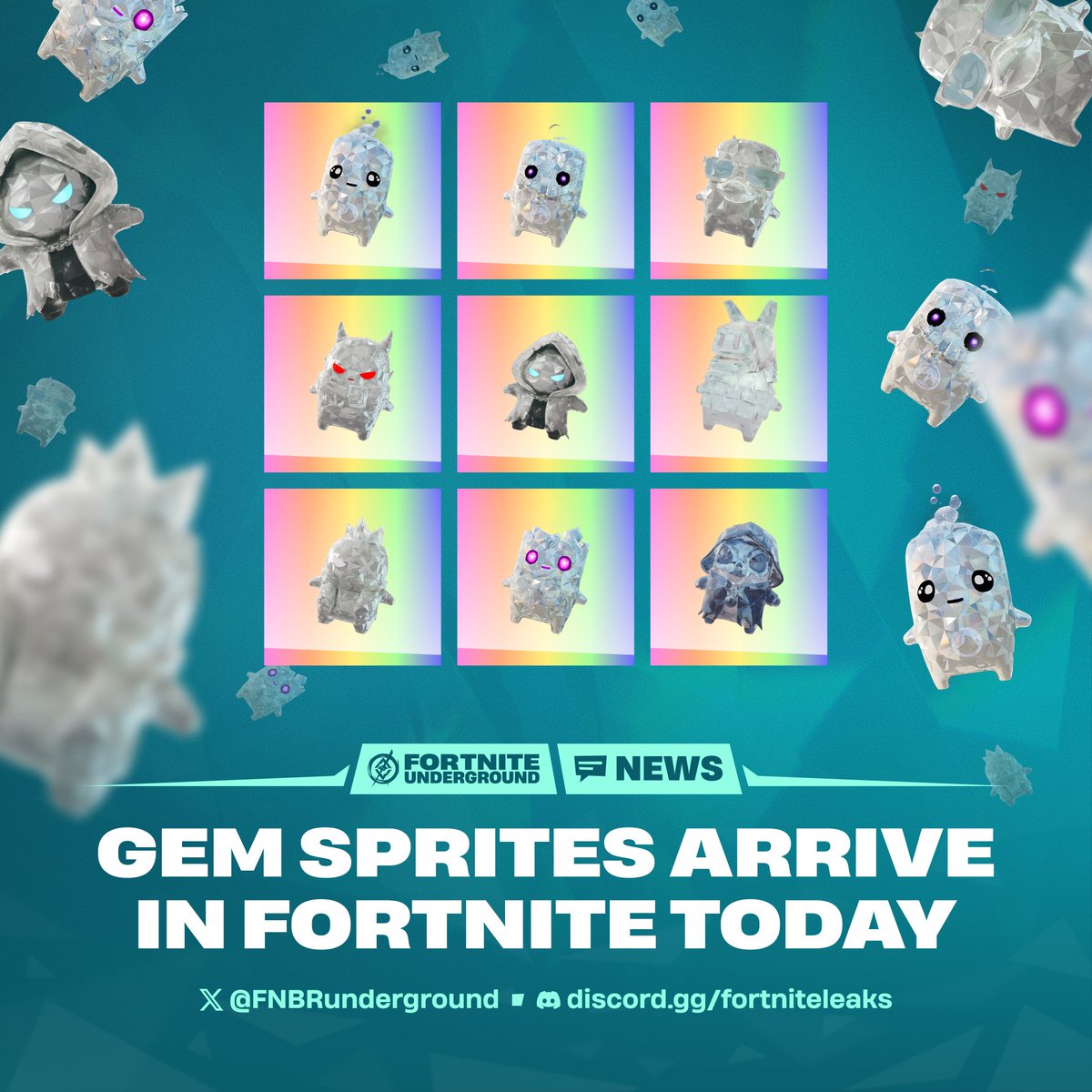 FNBRunderground's tweet photo. Reminder - Gem Sprites arrive in #Fortnite today 💎 

Starting at 9am ET, players will be able to collect Gem variants of nine Sprites. They will be easier to collect this Saturday during Gem Hours. https://t.co/D0ELs6EhnD