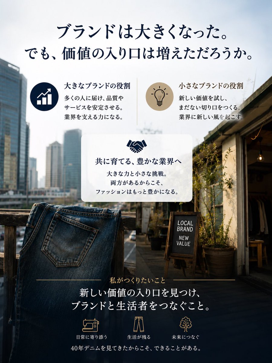 hitoshi24210's tweet photo. 高級ブランドには、
多くの人へ届ける役割がある。

小さなブランドには、
まだ誰も気づいていない
価値を生み出す役割がある。

大切なのは、
どちらが優れているかではない。

新しい価値の入り口が増えること。

「生活に残る一本」という
新しい物差しを、
これからも言葉にしていきたい。 https://t.co/1ijWFBVkXp
