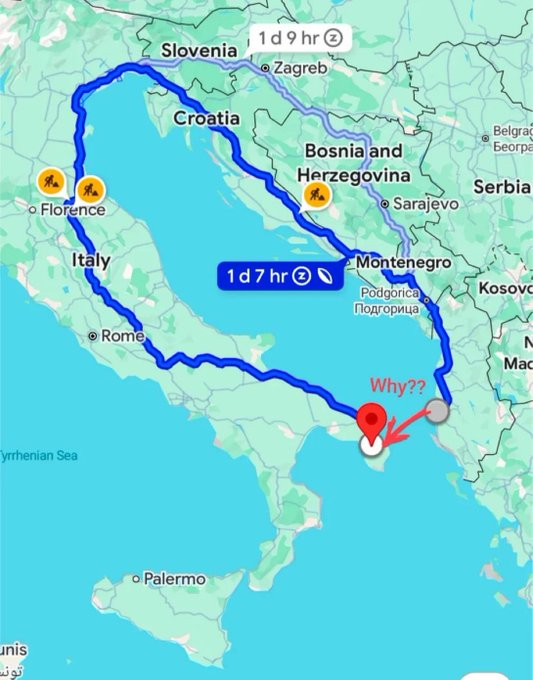 UnamunoAgain's tweet photo. oye pregunta seria por qué no hacen un puente entre Italia y Albania en lugar de tener que dar toda la vuelta? https://t.co/TnYlAYbWVj