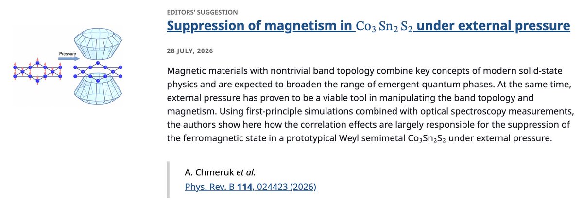 PhysRevB's tweet photo. PRB Editors' Suggestion: Suppression of #magnetism in #Co3Sn2S2 under external pressure
A. Chmeruk, D. Jones, R. Dwadasi, J. Ebad-Allah, F. Beiuşeanu, F. Schilberth et al.
Phys. Rev. B 114, 024423
➡️ https://t.co/muamf9Ergh
#EdSugg @APSPhysics #physics #condmat https://t.co/2IsHEFEzvL